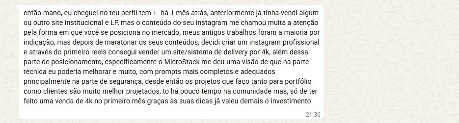 Aluno fechou venda de R$4.000 no primeiro mês após maratonar o conteúdo e criar um Instagram profissional